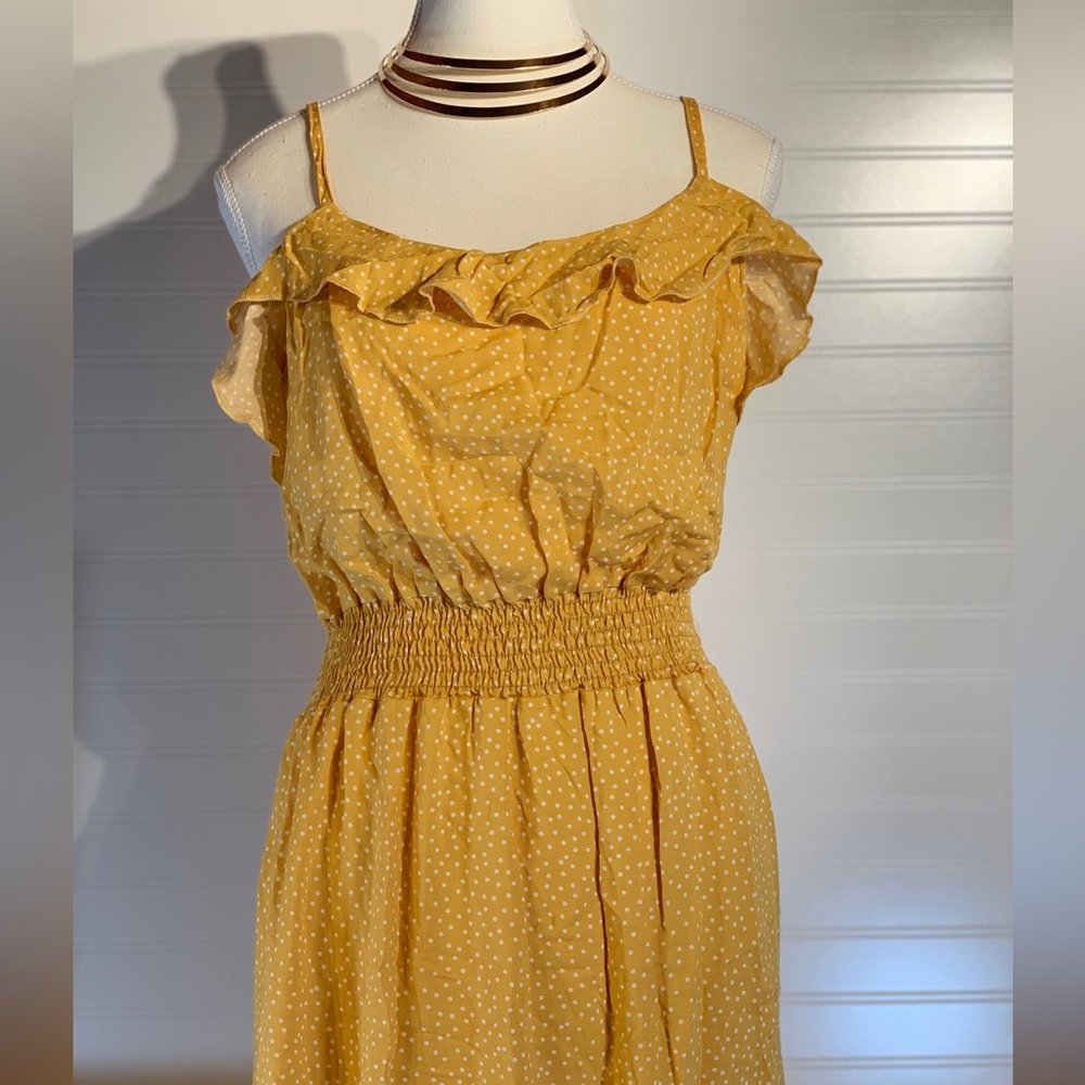 Yellow w/ white polka dots size medium summer sun dress;Ces Femme elastic‎ waist